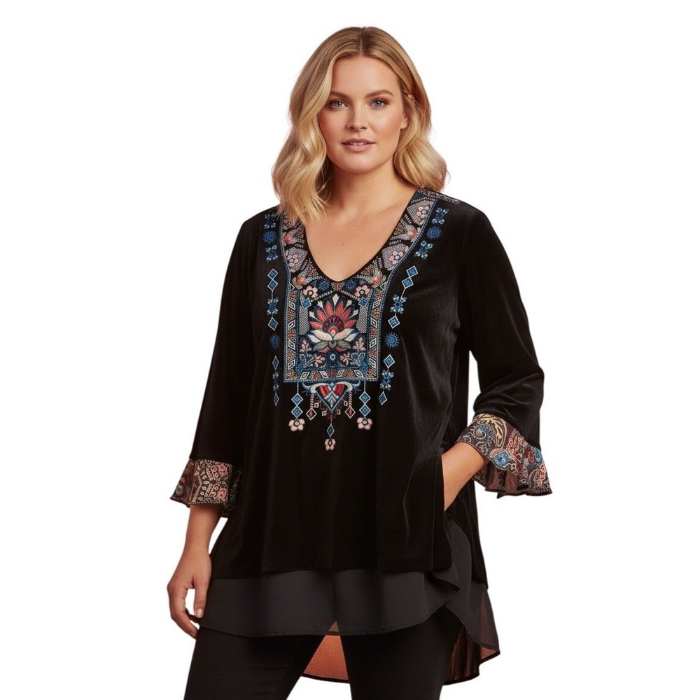 John Mark Velvet Embroidered Tunic Top Mixed Media Floral Size L Boho Western